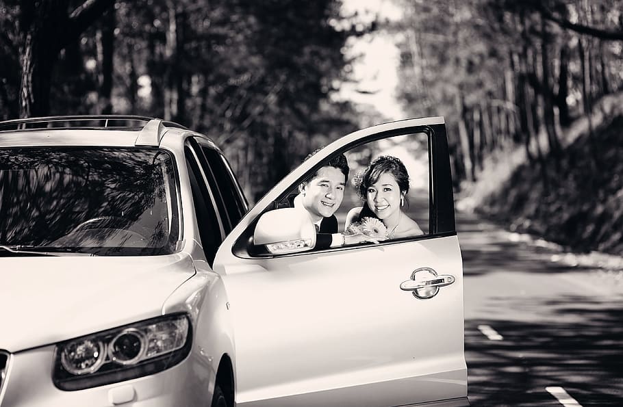 Man and Woman Behind Vehicle Door Grayscale Photo, adult, attractive, HD wallpaper