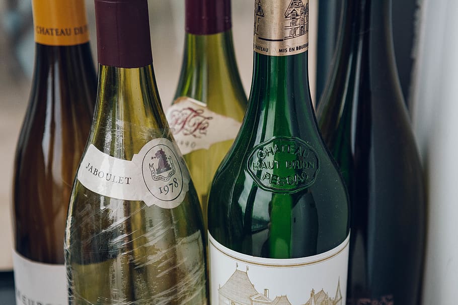 five wine bottles, alcohol, drink, beverage, beer, beer bottle HD wallpaper