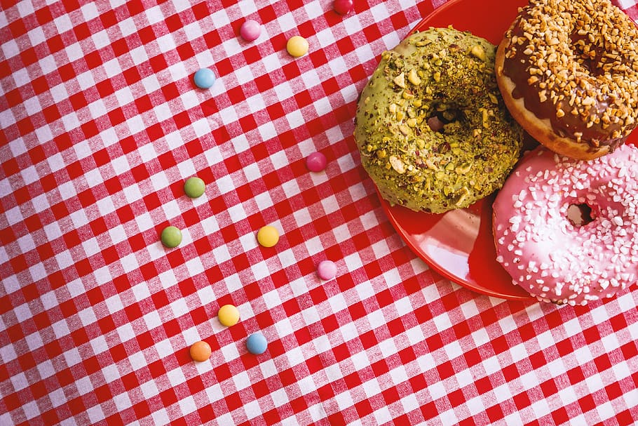 Three Donuts on Plate, celebration, color, delicious, design, HD wallpaper