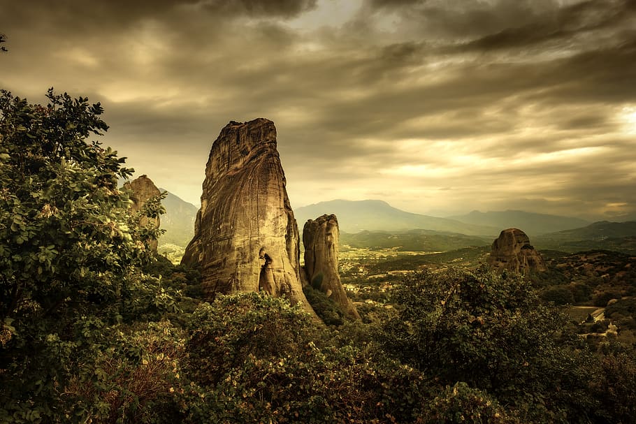 meteora, rock, sunset, greece, monastery, landscape, mountains HD wallpaper