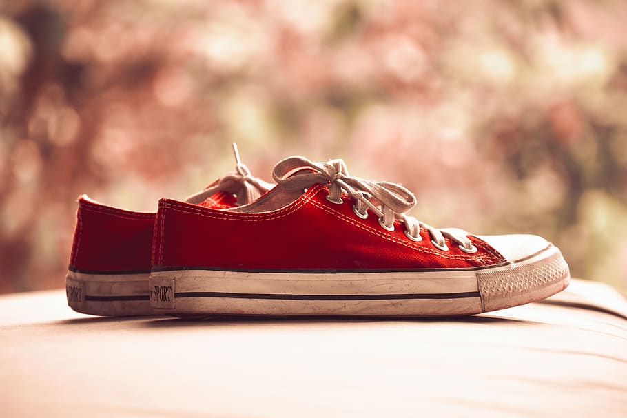 Pair of Red Low-top Sneakers in Bokeh Photography, blurred background, HD wallpaper