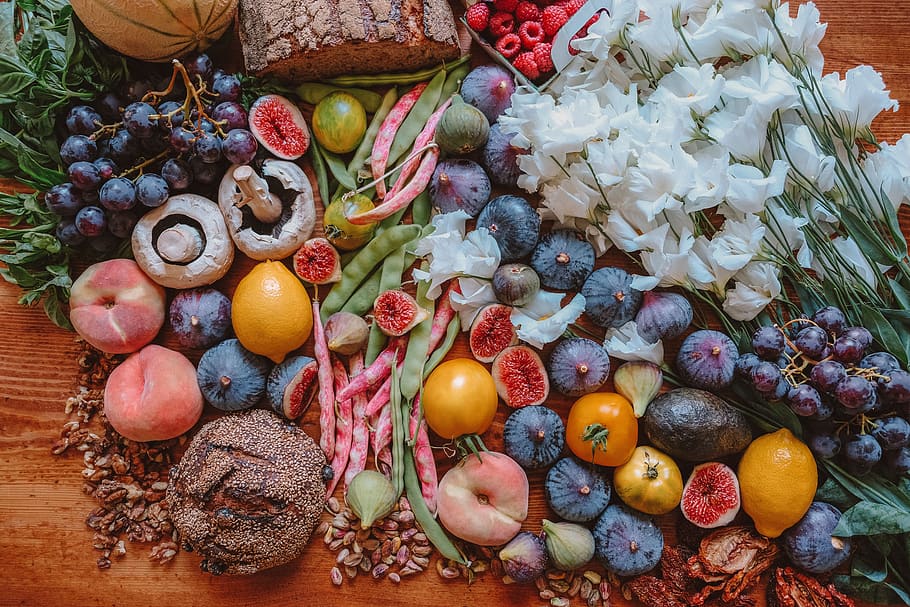 fruit, bread, table, grapes, flowers, figs, melon, wood, kitchen HD wallpaper