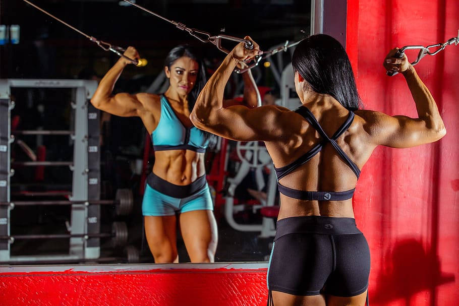 Photo Woman Bodybuilder Using Cable and Pulley Machine While Facing Mirror, HD wallpaper
