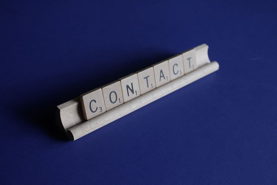 Contact scrable, game, letters, emblem, desk, blue, minimal, communication HD wallpaper