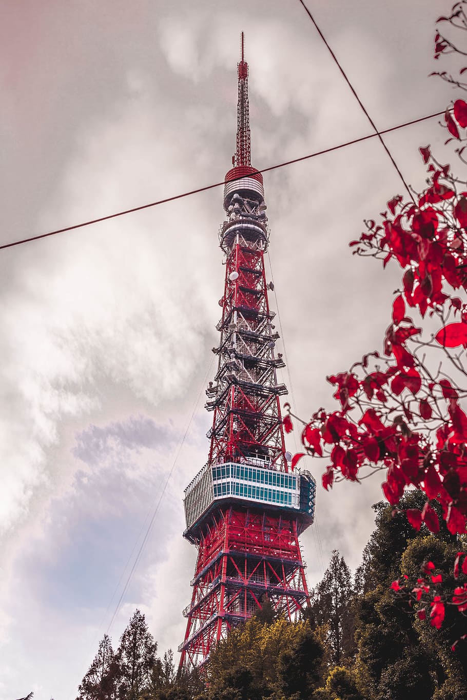 tokyo tower, red, japan, trees, cloudy, architecture, tall - high