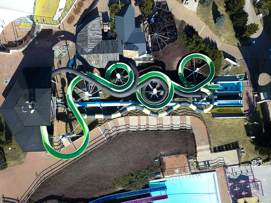 aerial view of pool resort, machine, wheel, building, amusement park, HD wallpaper