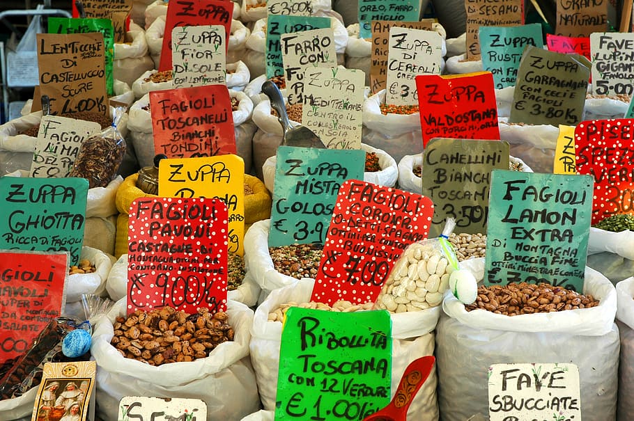 Assorted Beans in White Sacks, assortment, commerce, food, italy HD wallpaper