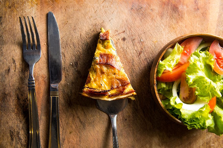 Slice of Pizza Beside Fork and Knife, crust, delicious, dinner HD wallpaper
