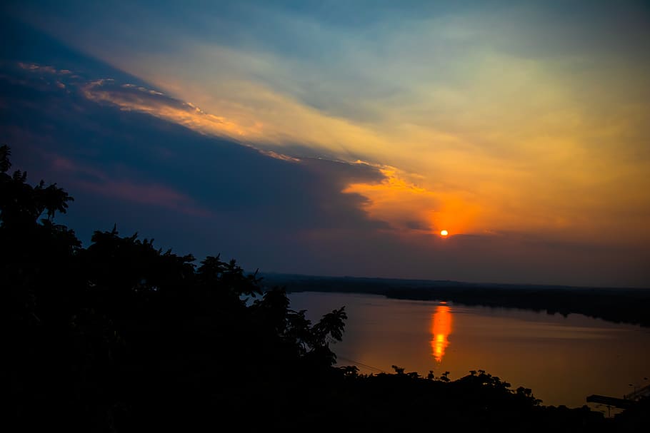 sunset, lake, trees, sky, river, cloud, reflection, light, golden hour HD wallpaper