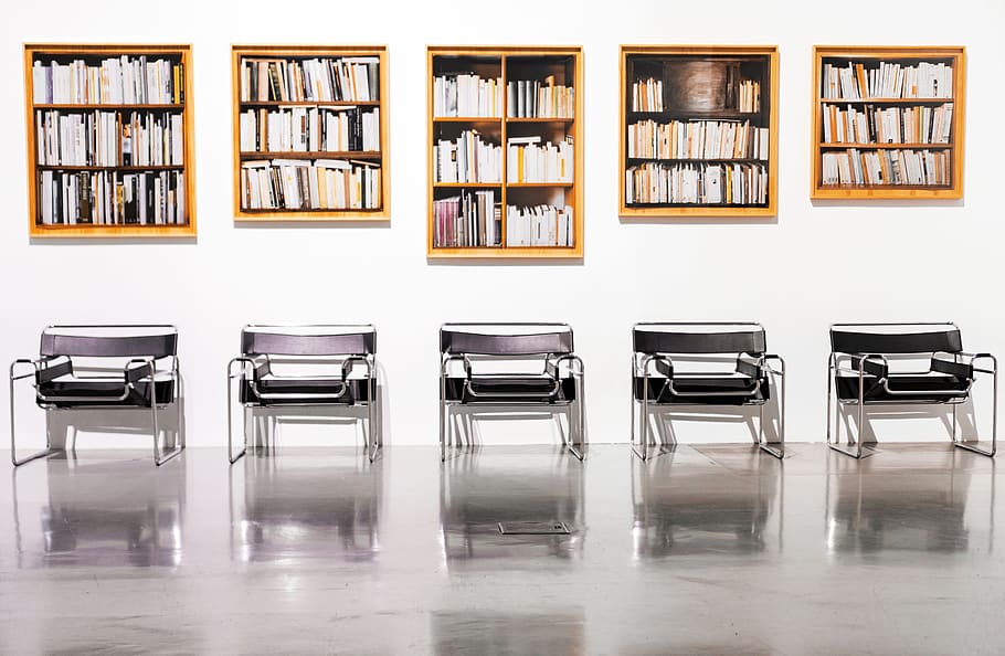 five brown bookcases, furniture, chair, indoors, room, library HD wallpaper