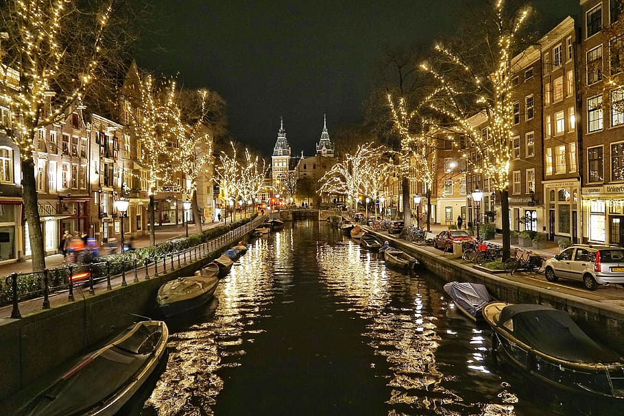 amsterdam, night, christmas, neherlands, lights, trees, canal
