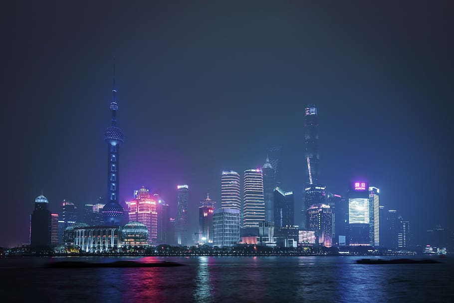 lighted city skyline during night, urban, building, town, metropolis HD wallpaper