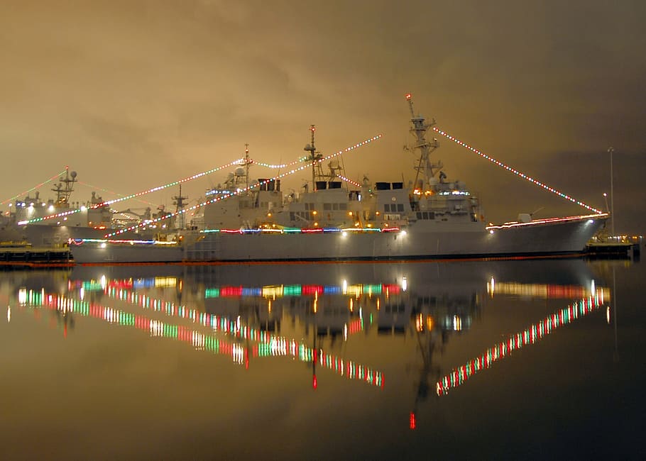christmas, light, lightning, boat, ship, sea, river, water HD wallpaper