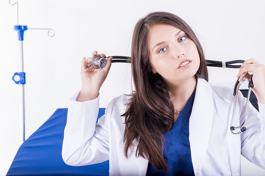 Woman Holding Black Stethoscope, care, clinic, cure, doctor, health