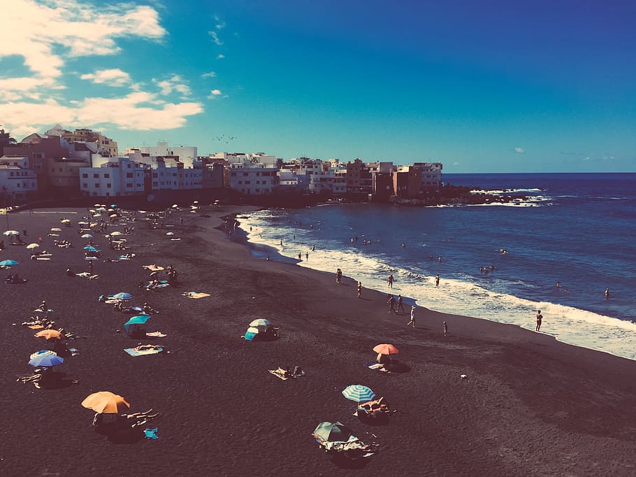 playa, beach, black sand, ocean, water, sea, sky, building exterior HD wallpaper