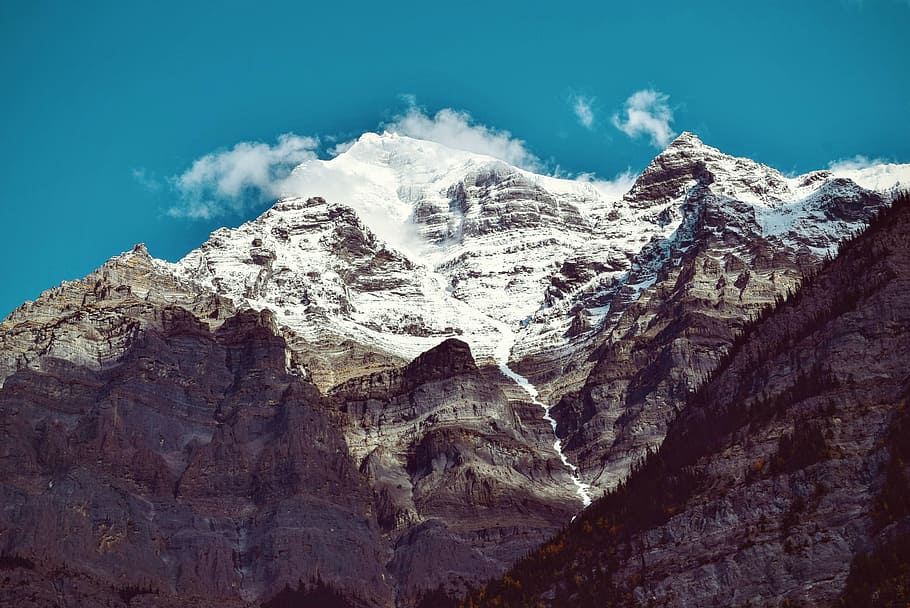 mountains, peaks, summit, snow, blue, sky, adventure, landscape HD wallpaper