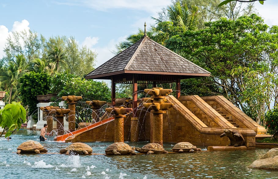 Gazebo Near Body of Water, architecture, pool, relaxation, swimming pool HD wallpaper