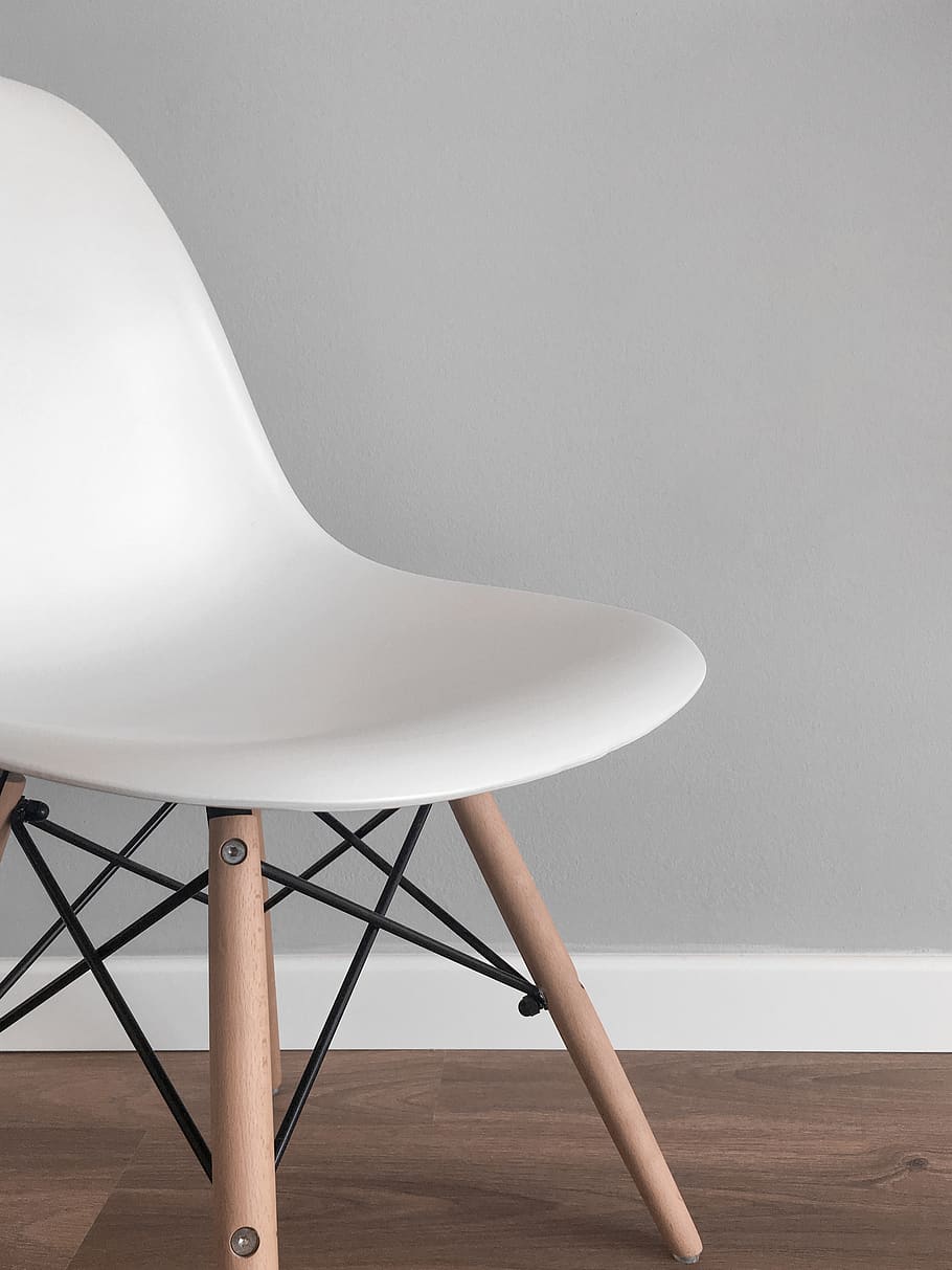 white armless chair, indoors, white color, flooring, seat, table HD wallpaper