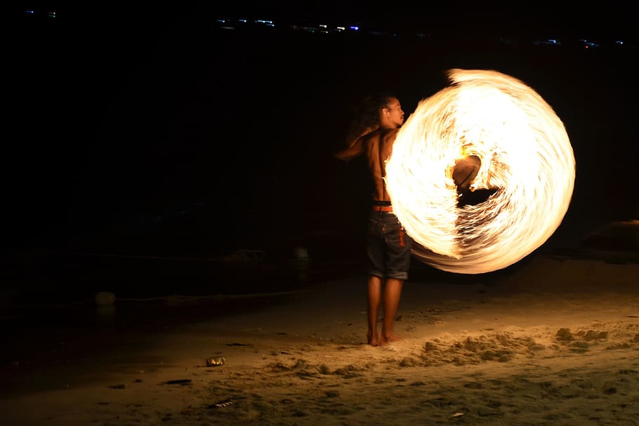 thailand, phi phi islands, fire, flame, night, one person, burning HD wallpaper