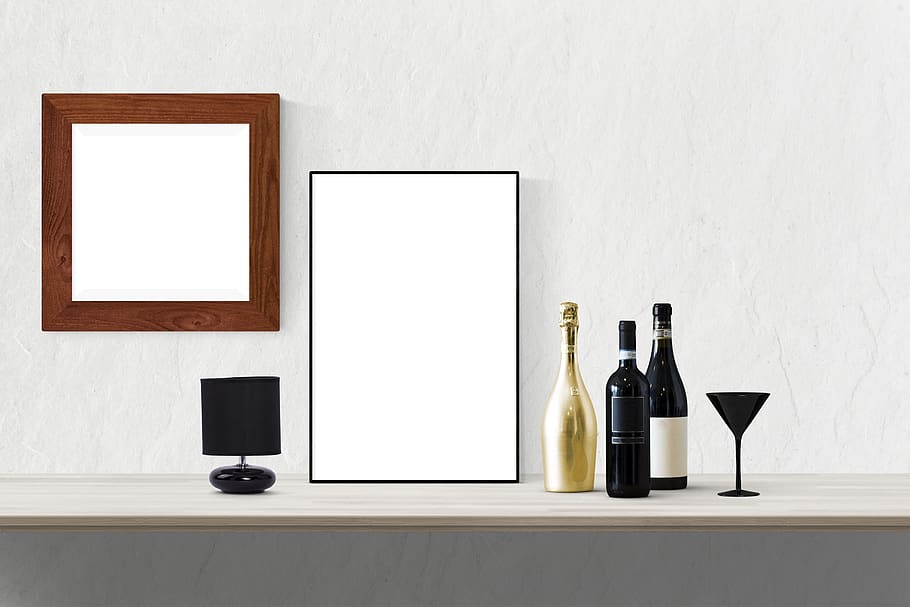 poster, frame, bottles, lamp, glass, copy space, container HD wallpaper