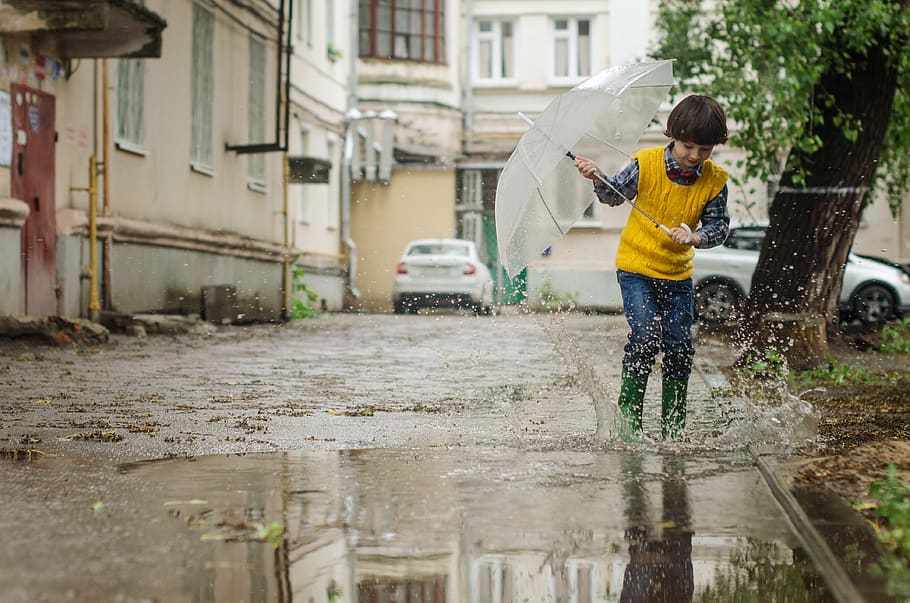 Kid Stepping On Water, boy, child, puddle, road, splash, street HD wallpaper