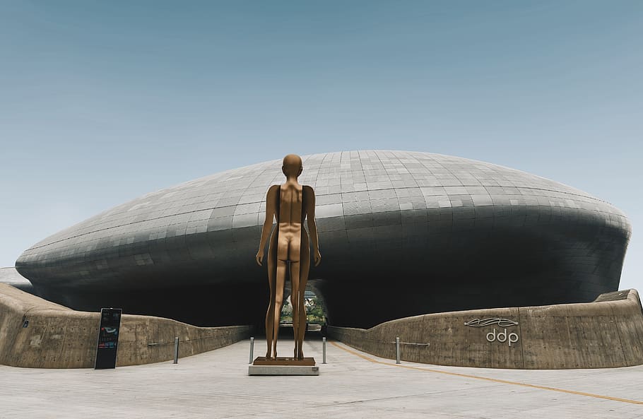 gold human statue, building, architecture, planetarium, dome HD wallpaper