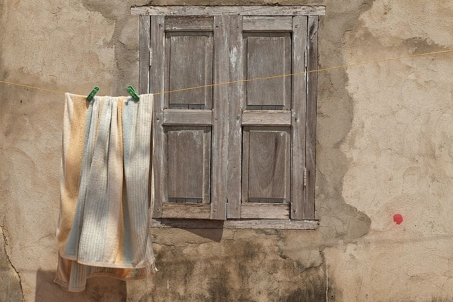white and brown towel hanged in front gray wooden windows, wall HD wallpaper