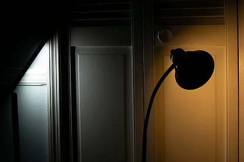 turned-on floor lamp, door, lighting, lampshade, mixed lighting HD wallpaper