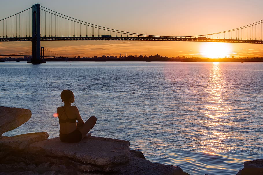 meditation, yoga, relax, water, sunset, sky, sitting, leisure activity HD wallpaper