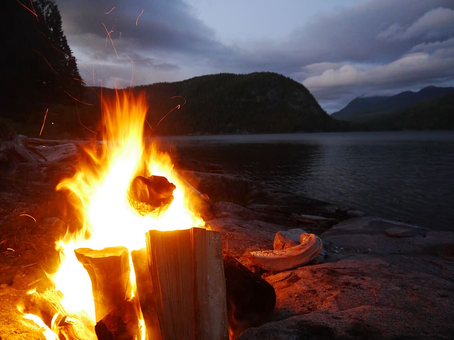 flame, vancouver island, fire, bonfire, canada, promontory, HD wallpaper