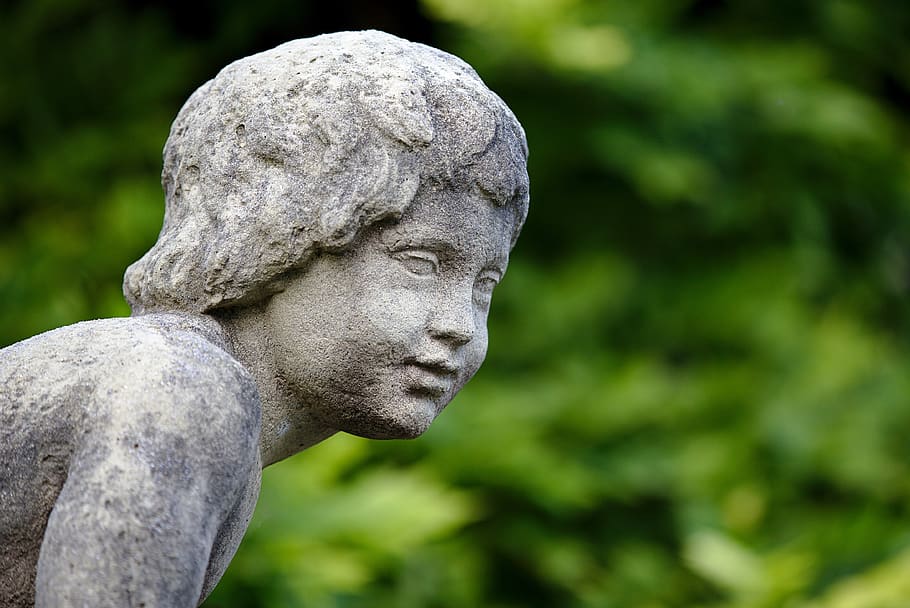 statue, cherub, park, green, face, stone figure, sculpture HD wallpaper