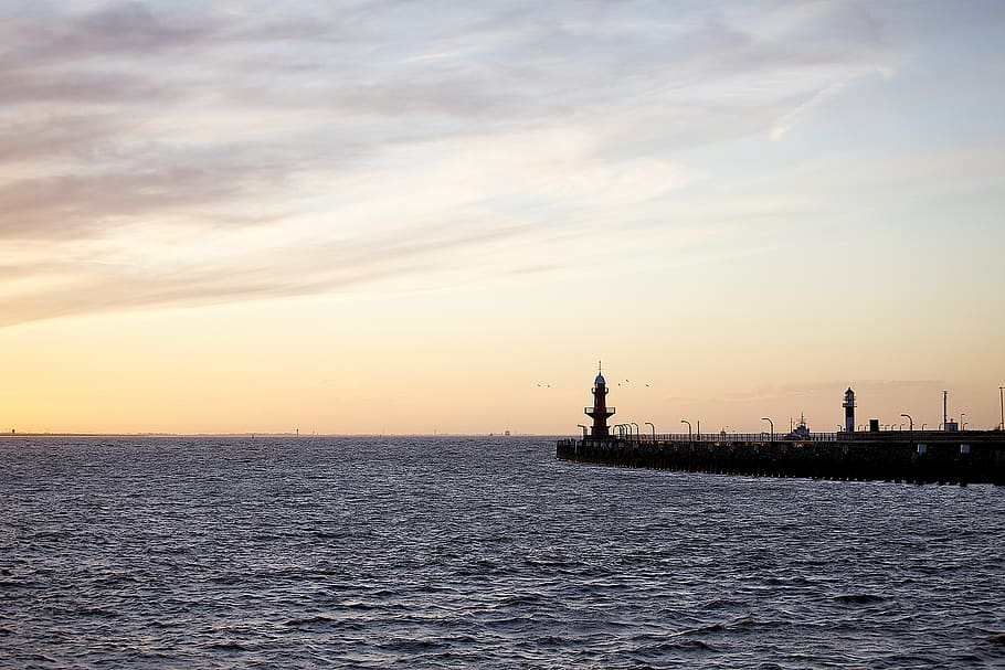seaside, seashore, mare, lighthouse, coast, sunset, ship, travel HD wallpaper