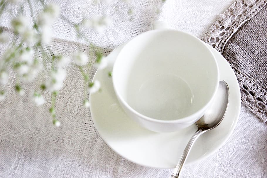 White Ceramic Tea Cup With Saucer and Spoon, breakfast, ceramic cup HD wallpaper
