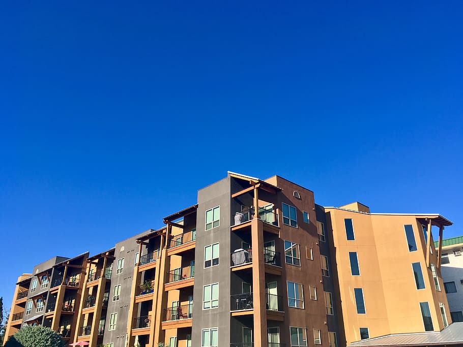 building, sky, blue, walls, patio, apartment, home, building exterior HD wallpaper