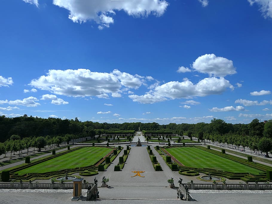 park, castle, drottningholm, sky, clouds, symmetry, geometry, HD wallpaper