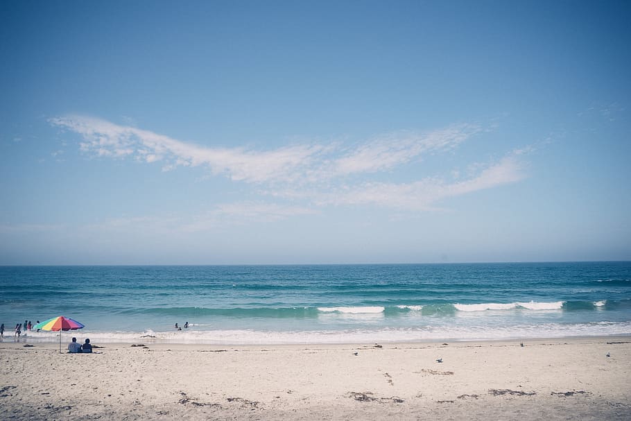 beach, sand, water, waves, umbrella, sky, sunshine, ocean, sea HD wallpaper