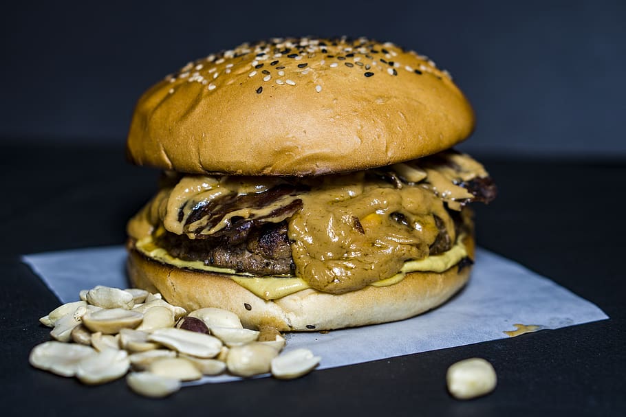 hamburger with grilled meat, fast food, unhealthy eating, studio shot HD wallpaper