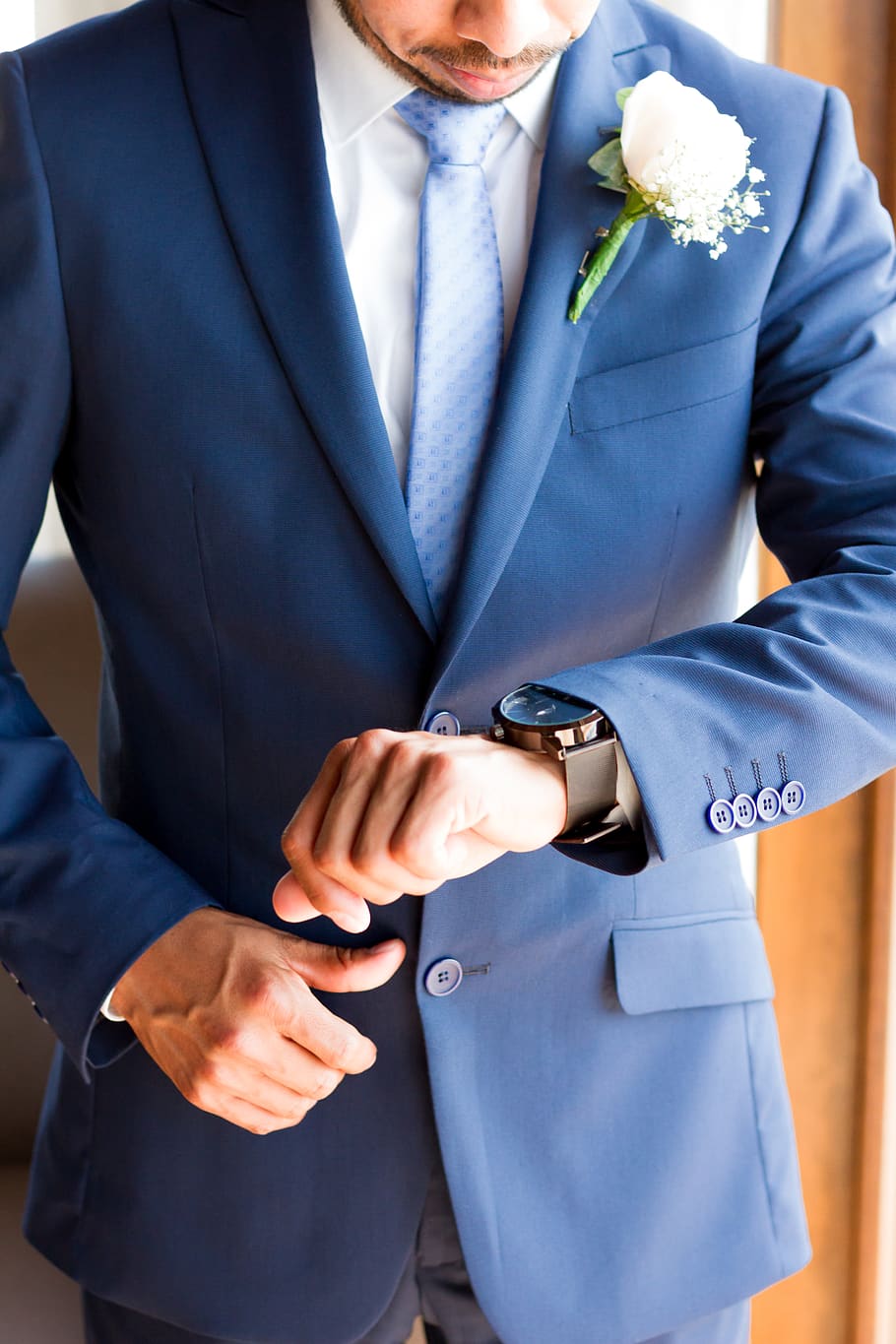 groom, hansome, wait, waiting, suit, blue, clock, watch, time