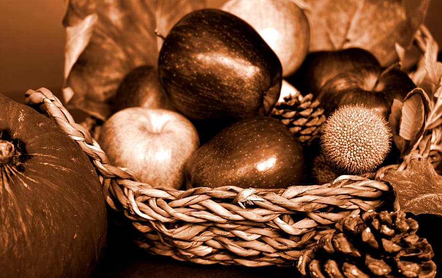 autumn, fall, fruit basket, apples, season, brown, mood, food and drink HD wallpaper