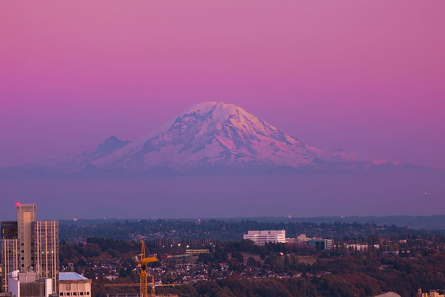 united states, seattle, space needle, snow, mount rainier, clouds