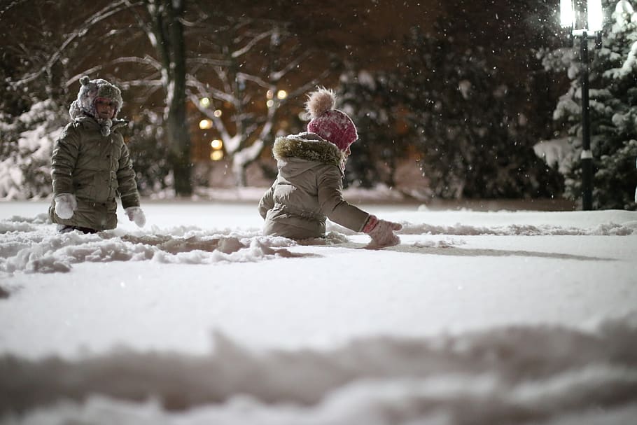 two person playing on snow, winter, cold temperature, warm clothing HD wallpaper