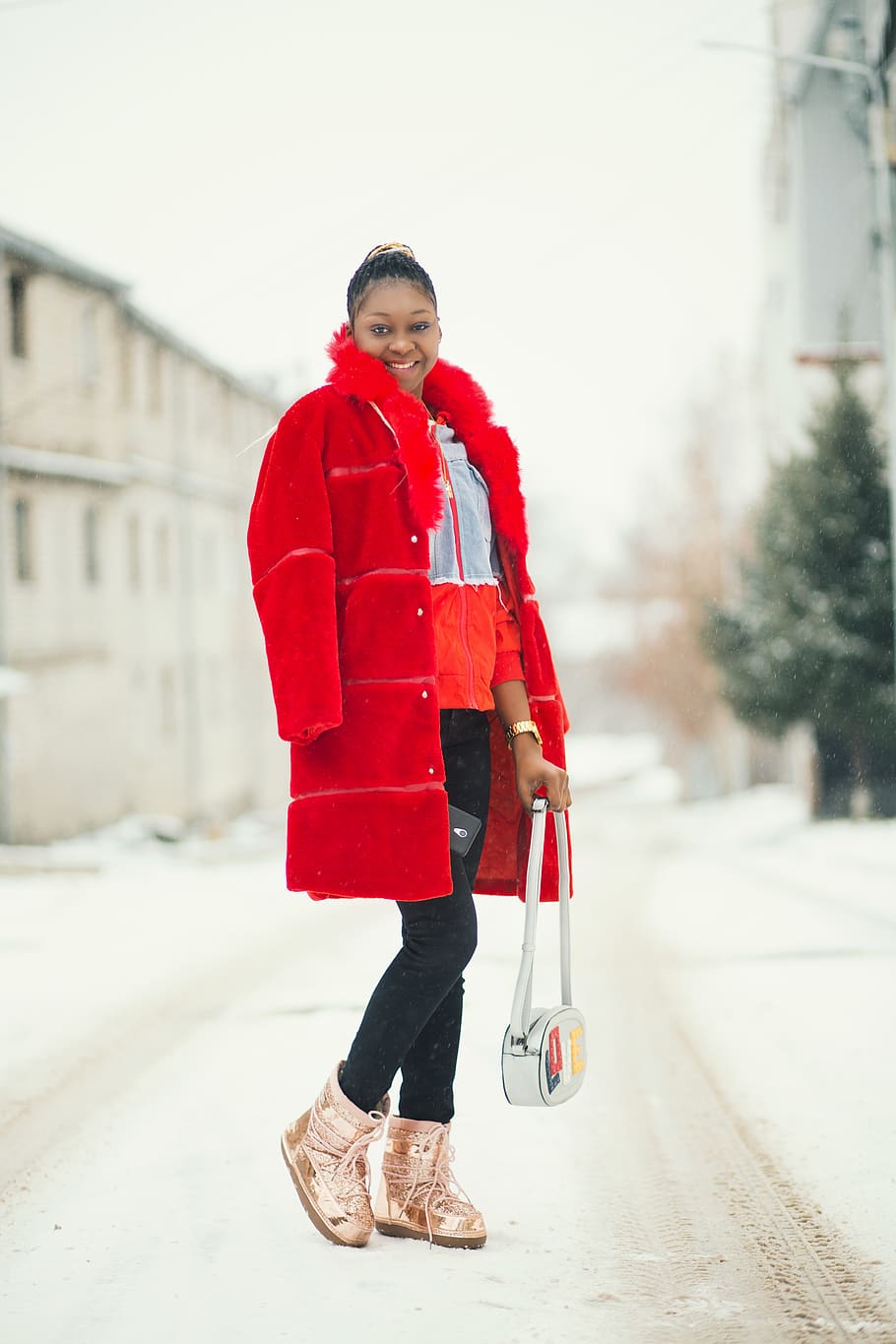 Smiling Woman Holding White Bag, cold, fashion, jacket, kharkiv, HD wallpaper