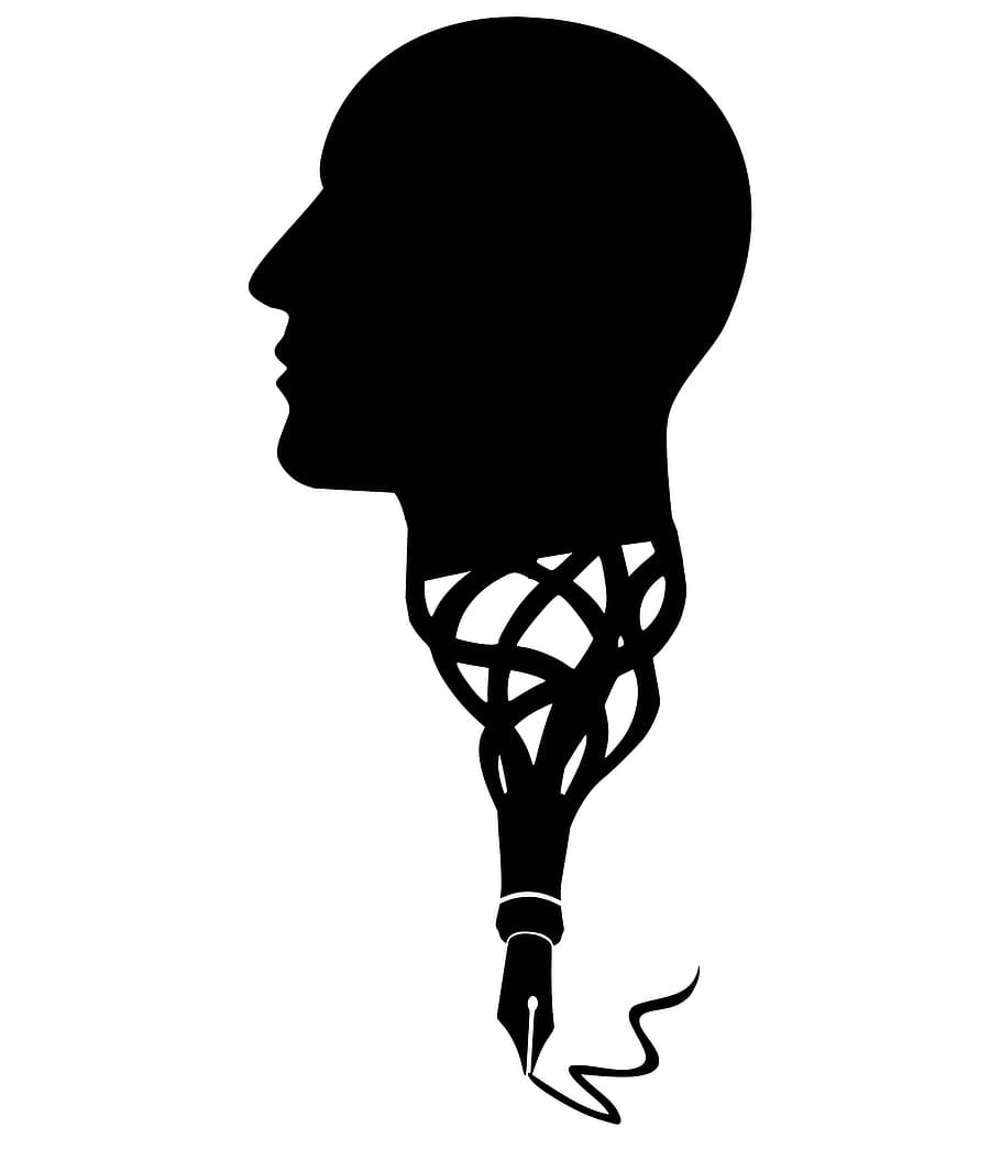 Illustrated silhouette of written ideas flowing from human head.