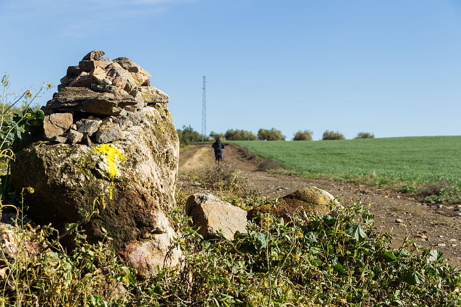 hiking, hiking path, nature, sky, field, land, landscape, rock HD wallpaper