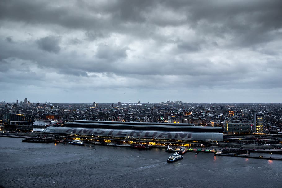 amsterdam, netherlands, clouds, rain, lights, boats, cloud - sky HD wallpaper