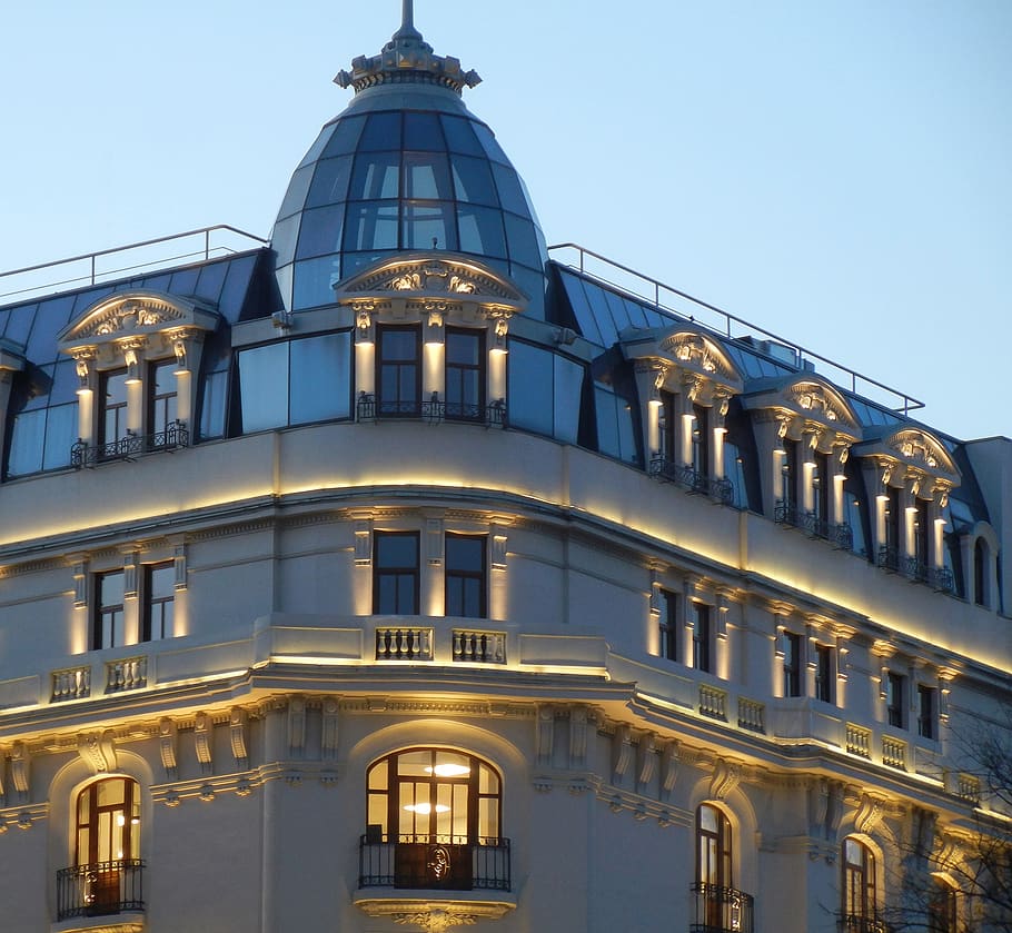 architecture, building, lights, facade, windows, balcony, luxury HD wallpaper
