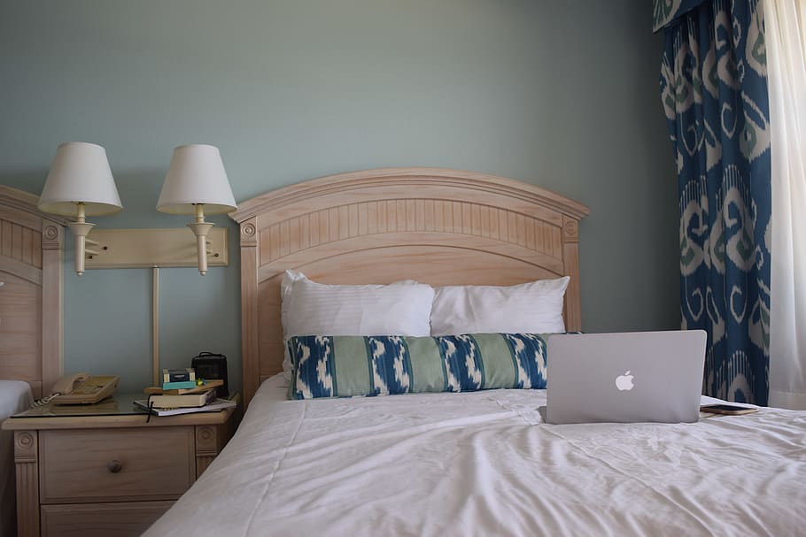 room, laptop, bed, furniture, bedroom, domestic room, indoors HD wallpaper