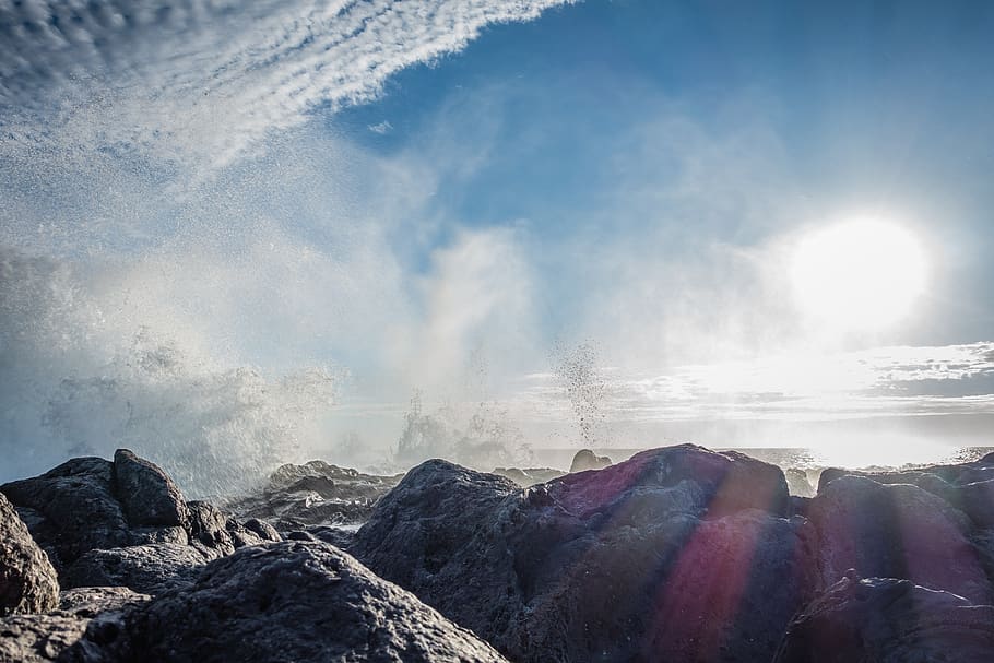 sky, sea, rock, wave, sunlight, scenics - nature, beauty in nature HD wallpaper