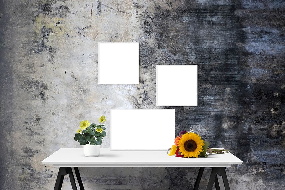 poster, frame, wall, desk, sunflower, plant, table, flowering plant, HD wallpaper