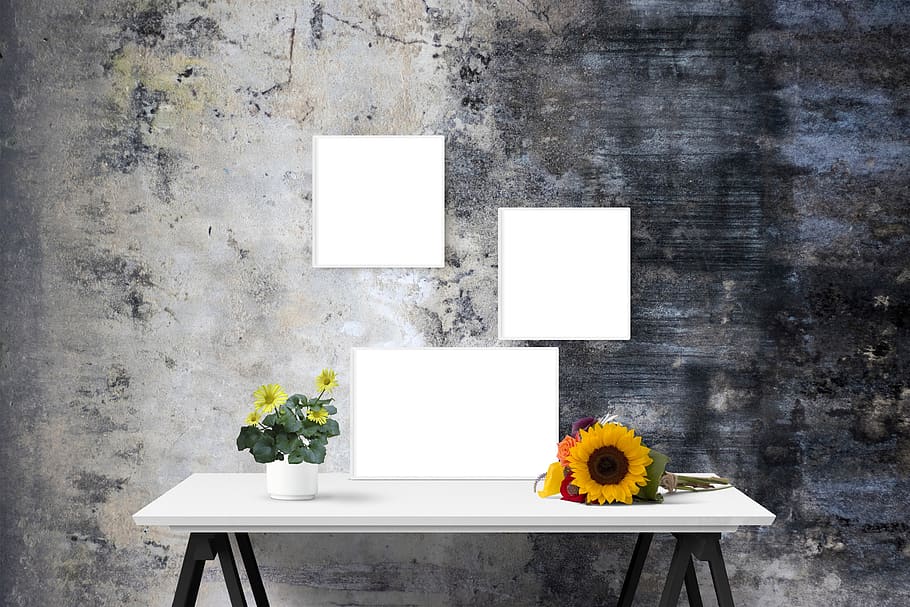 poster, frame, wall, desk, sunflower, plant, table, flowering plant HD wallpaper